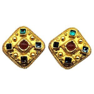 Vintage Byzantine Mogul Gold-Tone Clip-On Earrings With Multicolored